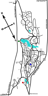 The cemetery is a slim property running northeast-southwest and bounded on the long sides by New York Route 40 and an old railroad bed. This map shows the length of the property vertically (north is to the top left). Toward the bottom is the main entrance and the Earl Crematorium. A third of the way into the propert, roughly center, is the location of the Warren Chapel. Middle left is the location of the panorama. The cemetery has about five man-made lakes and 29 miles of meandering roads creating a web of pathways on the property.