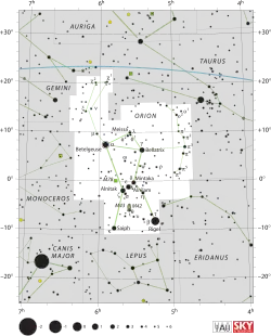 Diagram showing star positions and boundaries of the Orion constellation and its surroundings