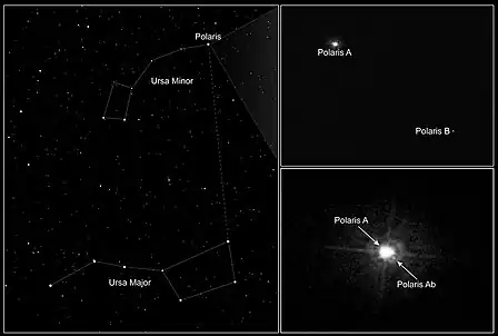 النجم القطبي (الجدي ويسمى بالإنجليزية Polaris) وهو على امتداد الخط بين المراق والدبة في كوكبة الدب الأكبر.