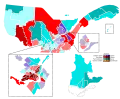 خريطة كيبيك و الألوان ترمز إلى مناطق فوز كل حزب