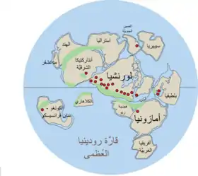 يعتقد الن القاراة رودينيا تكونت من جديد عند 750 م.س مضت، يبين اللون الأخضر الأحزمة البنائية عمرها 1.1 مليار سنة..mw-parser-output cite.citation{font-style:inherit;word-wrap:break-word}.mw-parser-output .citation q{quotes:"\"""\"""'""'"}.mw-parser-output .citation:target{background-color:rgba(0,127,255,0.133)}.mw-parser-output .id-lock-free a,.mw-parser-output .citation .cs1-lock-free a{background:url("//upload.wikimedia.org/wikipedia/commons/6/65/Lock-green.svg")left 0.1em center/9px no-repeat}.mw-parser-output .id-lock-limited a,.mw-parser-output .id-lock-registration a,.mw-parser-output .citation .cs1-lock-limited a,.mw-parser-output .citation .cs1-lock-registration a{background:url("//upload.wikimedia.org/wikipedia/commons/d/d6/Lock-gray-alt-2.svg")left 0.1em center/9px no-repeat}.mw-parser-output .id-lock-subscription a,.mw-parser-output .citation .cs1-lock-subscription a{background:url("//upload.wikimedia.org/wikipedia/commons/a/aa/Lock-red-alt-2.svg")left 0.1em center/9px no-repeat}.mw-parser-output .cs1-ws-icon a{background:url("//upload.wikimedia.org/wikipedia/commons/4/4c/Wikisource-logo.svg")left 0.1em center/12px no-repeat}.mw-parser-output .cs1-code{color:inherit;background:inherit;border:none;padding:inherit}.mw-parser-output .cs1-hidden-error{display:none;color:#d33}.mw-parser-output .cs1-visible-error{color:#d33}.mw-parser-output .cs1-maint{display:none;color:#3a3;margin-left:0.3em}.mw-parser-output .cs1-format{font-size:95%}.mw-parser-output .cs1-kern-left{padding-left:0.2em}.mw-parser-output .cs1-kern-right{padding-right:0.2em}.mw-parser-output .citation .mw-selflink{font-weight:inherit}"Research paper suggests East Antarctica and North America once linked". The Antarctic Sun. United States Antarctic Program. 26 أغسطس 2011. مؤرشف من الأصل في 2018-07-02. اطلع عليه بتاريخ 2012-11-15. وتشير النقاط الحمراء إلى الجرانيت نوع-A وعمرها يتراوح مابين 1.3 - 1.5 مليار سنة.