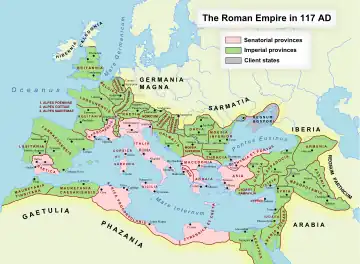 The Roman Empire at its greatest extent, at the death of Trajan (117 AD)