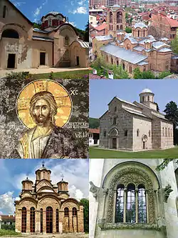 Clockwise from top left: Church of the Patriarchate of Peć, Our Lady of Ljeviš, church of the Visoki Dečani, a window at Visoki Dečani, church of the Gračanica, fresco of Christ at Our Lady of Ljeviš