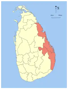 Map indicating the extent of Eastern Province within Sri Lanka