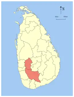 Map indicating the extent of Sabaragamuwa Province within Sri Lanka