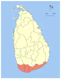 Map indicating the extent of Southern Province within Sri Lanka