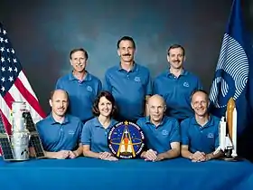 Left to right - Standing: Covey, Hoffman, Akers; Seated: Bowersox, Thornton, Musgrave, Nicollier