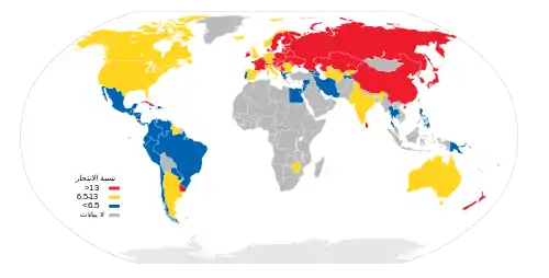 خريطة العالم موضح عليها نسبة الإنتحار لكل 100000 نسمة.