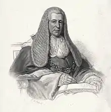 Half-length portrait of man sitting in a chair with a long, curly wig and wearing judicial robes. He is writing in a book on his lap with a quill pen.