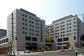 Two white multi-floored squared buildings with blue colored windows. There is a street and clear sky surrounding the buildings.