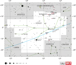 Diagram showing star positions and boundaries of the Virgo constellation and its surroundings