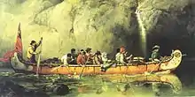 قارب يظهر فيه رحالة يمر خلال شلال المياه (أونتاريو) Canoe Manned by Voyageurs Passing a Waterfall (Ontario)، لوحة زيتية لـ فرانس آن هوبكنز (Frances Anne Hopkins)