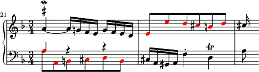 
{
#(set-global-staff-size 16)
   \new PianoStaff <<
    \new Staff <<
      \relative c'' {
        \set Score.currentBarNumber = #21
        \bar ""
        \clef treble \key d \minor \time 3/4
        \once \override TextScript.script-priority = #-100 a4~^\mordent^\markup { \sharp } a16 g! f e g f e d
        \override NoteHead.color = #red \stemUp e8 e' d cis b d 
        \override NoteHead.color = #black cis16
        }
      >>
    \new Staff <<
      \clef bass \key d \minor \time 3/4
      \new Voice \relative c' {
        \override NoteHead.color = #red a8 a, b cis d b
             \override NoteHead.color = #black cis16 a gis a f'4-. d\trill a'8
                }
           \new Voice \relative c' {
                \stemUp \override NoteHead.color = #red a4 r r
                }
            >>
    >> }
