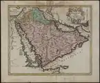 خارطة من عام 1720 تُظهر التقسيم اليوناني لشبه الجزيرة العربية: العربية الصحراوية في اقصى الشمال وبجوارها غربًا العربية الصخرية وفي الجنوب منهما القسم الأكبر العربية السعيدة (كريستوف ويجل).