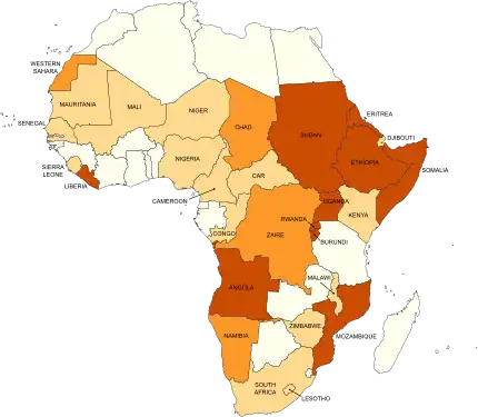 Guerres y conflictos n'África, 1980–96      Más de 100.000 muertos y firíos     Guerres o conflictos menores     Otros conflictos