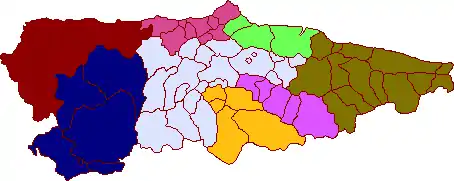 Mapa d'Asturies coles árees sanitaries.