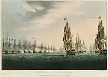 Un grabáu impresu qu'amuesa una apertada llinia de trece barcos de guerra qu'han izado la bandera francesa. Los barcos tán disparando a ocho barcos que ondean la bandera británica y que se-yos averen firmemente dende la derecha de la imaxe.