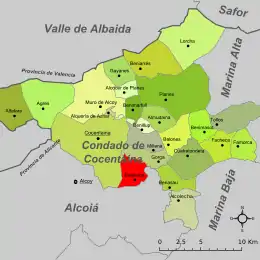 Llocalización de Benilloba al respeutive de la contorna del Condáu de Cocentaina