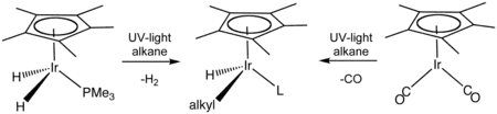 Skeletal formula presentation of a chemical transformation. The initial compounds have a C5H5 ring on their top and an iridium atom in the center, which is bonded to two hydrogen atoms and a P-PH3 group or to two C-O groups. Reaction with alkane under UV light alters those groups.