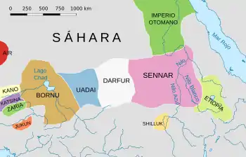 Bornu y los Estaos orientales del Sahel hacia 1750.