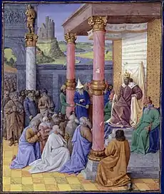 Ciro II el Grande dexa la torna de los hebreos a Tierra Santa. Miniatura francesa de Jean Fouquet c. 1470-75 (ilustración pa Flavio Josefo, Antigüedaes xudíes, llibru XI).