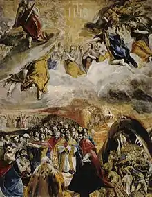 Adoración del nome de Jesús, tamién llamáu El suañu de Felipe II o Alegoría de la Lliga Santa, d'El Greco, ca. 1577.