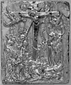 Deicidio. Crucifixón, Alemaña, 1420-1440. Walters Art Museum, Baltimore. El testu xunto a los dos personaxes con sobreros presenta la inscripción "Si yes el Fíu de Dios, baxa de la cruz".