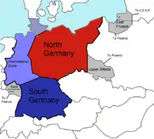 Plan Morgenthau:      Estáu d'Alemaña del norte      Estáu d'Alemaña del sur      Zona internacional      Territoriu perdíu d'Alemaña (Sarre a Francia, Alta Silesia a Polonia, Prusia Oriental, estremada ente Polonia y la Xunión Soviética)