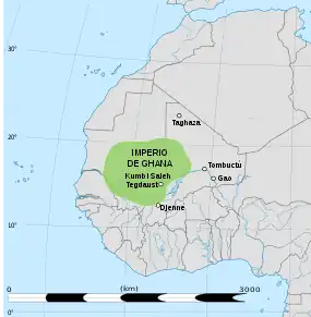 L'Imperiu de Ghana na so máxima estensión, en redol al 1050.