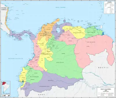 Departamentos de la Gran Colombia en 1826.