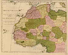 En 1707, esti mapa francés amuesa inclusive'l Níxer fluyendo nel Senegal; el so delta interior ye claramente identificáu. El ríu Formosa desagua nel golfu de Benín.