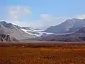 Glaciar Gulkana que flúi dende los campos de xelu del cordal d'Alaska