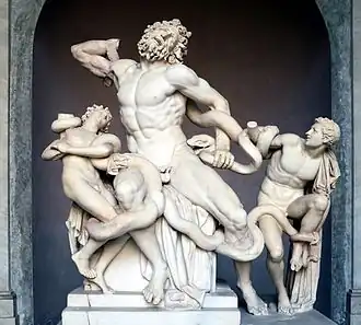 Laocoonte y los sos fíos, quiciás una copia en mármole blancu (200 e.C.-20) que se conserva nos Museos Vaticanos.