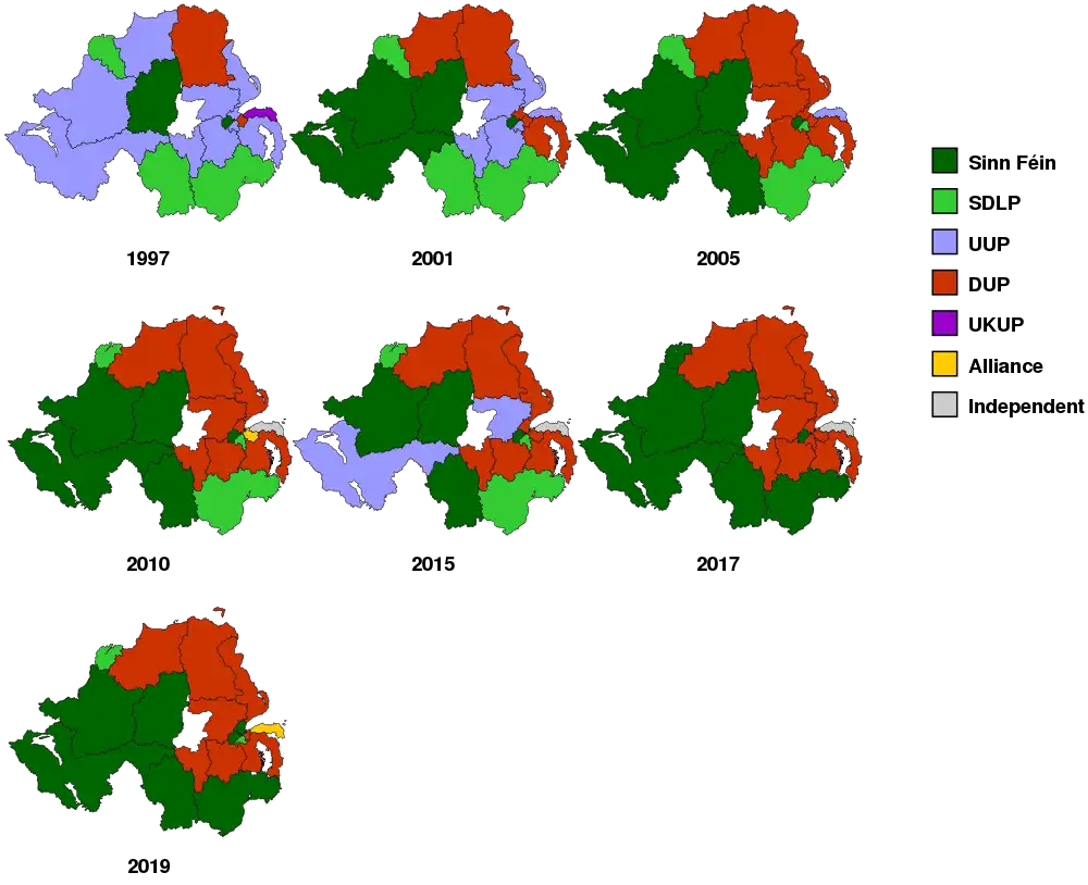 Resultaos n'Irlanda del Norte de les eleiciones xenerales del Reinu Xuníu. Sinn Féin aumentó'l so númberu d'asientos de dos en 1997 a cinco en 2005, cuatro d'ellos nel oeste. Caltuvo los sos cinco asientos en 2010, baxó a cuatro en 2015 enantes d'aumentar a siete en 2017.