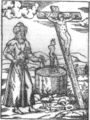 Al pie de neñu crucificáu, xudíu con turbante envelena pozu d'agua y provoca la peste negro n'Europa. Grabáu alsacianu basáu n'orixinal medieval tardíu.