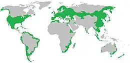 Mapa averáu de la so distribución, anque la especie continua enfusándose nos nuevos territorios.