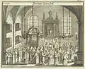 Sinagoga alemana en Rosh Hashaná. Grabáu por Georg Puschner; Jüdisches Ceremoniel, Núremberg, 1716-24.