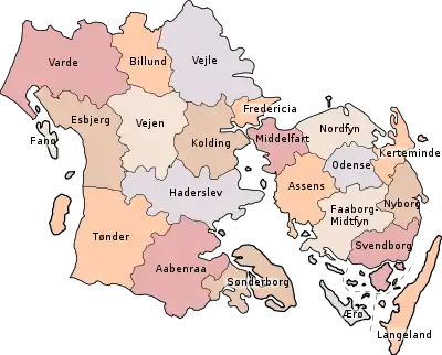 Mapa de conceyos de Syddanmark.