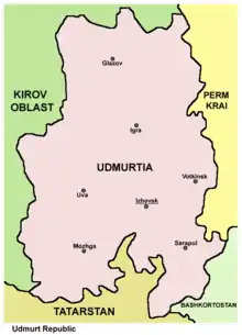 Mapa de Udmurtia nel qu'apaez Izhevsk