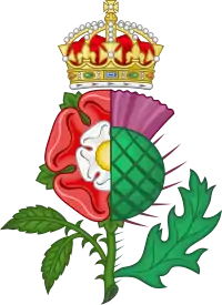 Insinia de la Xunión de les Corones Tudor Rose dimidió col cardu escocés, usáu pol rei Xacobu I y VI pa simbolizar la xunión personal de los sos reinos.