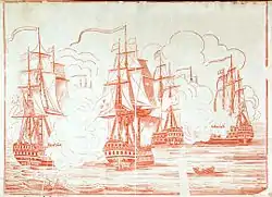 Cinah gəmisi HMS Britannia (solda) Trafalqal döyüşündə, 1805