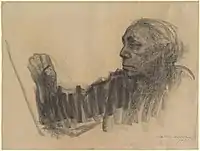 Kathe Kollwitz, "Self Portrait", charcoal on brown laid Ingres paper, 1933