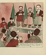 "Bakı şəhəri. Duma seçkilərindən sonra: 1. sosial-demokrat Əhməd bəy Ağayev, 2. beynəlxalq kadet Mərdan bəy Topçubaşov, 3. əsl vətənpərvər Hacıyev" (№ 18, 14 oktyabr 1906-cı il). Rəssam: Oskar Şmerlinq