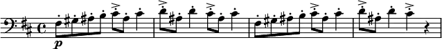 \relative c{\set Score.tempoHideNote = ##t \tempo 4 = 138
\clef "bass" \key b \minor fis8-. \p gis-. ais-. b-. cis-.-> ais-. cis4-. | d8-.-> ais-. d4-. cis8-.-> ais-. cis4-. | fis,8-. gis-. ais-. b-. cis-.-> ais-. cis4-. | d8-.-> ais-. d4-. cis4-.-> r4}