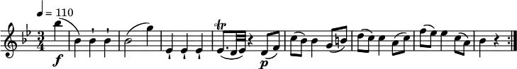 
\relative c'' {
  \key bes \major
  \time 3/4
  \tempo 4 = 110
  \tempo "Menuetto"
  \partial4 bes'4\f (bes,)  bes-! bes-! bes2 (g'4)
  ees,-! ees-! ees-!
  ees8.\trill (d32 ees) r4 d8\p (f)
  c' (bes) bes4 g8 (b)
  d (c) c4 a8 (c)
  f (ees) ees4 c8 (a)
  bes4 r4 \bar ":|."
}
