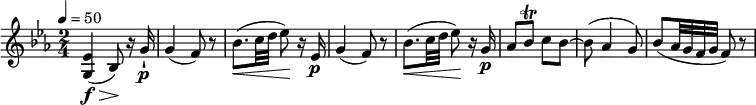 
\relative c'' {
  \key ees \major
  \time 2/4
  \tempo 4 = 50	
  \tempo "Andante moderato"
  <g, ees'>4\f\> (bes8)\!  r16 g'16-!\p
  g4 (f8) r8
  bes8. \< (c32 d ees8)\! r16 ees,16\p
   g4 (f8) r8
   bes8. \< (c32 d ees8)\! r16 g,16\p
   aes8 bes\trill c bes ~
   bes (aes4 g8)
   bes (aes32 g f g f8) r8
}
