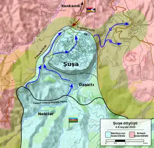 Şuşa döyüşü xəritədə

(Daha ətraflı xəritə üçün bax: İkinci Qarabağ müharibəsində hərbi vəziyyət.)