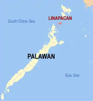 Mapa kan Palawan na ipinapahiling an kinamomogtakan kan Linapacan