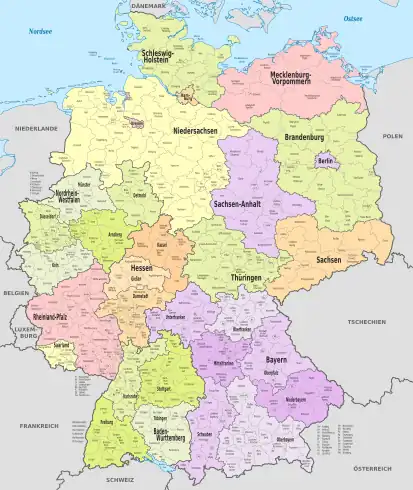 Карта адміністрацыйна-тэрытарыяльнага падзелу Федэратыўнай Рэспублікі Германіі