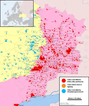      Гарады пад кантролем сепаратыстаў     Тэрыторыя пад кантролем сепаратыстаў     Гарады пад кантролем урадавых войскаў     Тэрыторыя пад кантролем урадавых войскаў